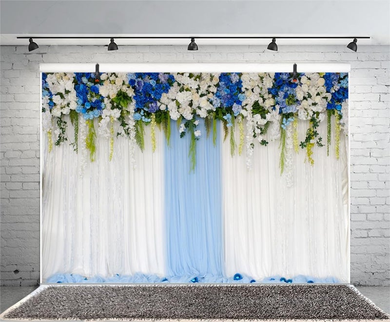AOFOTO 10x7ft Blue White Flowers Curtain Wedding Backdrop Romantic Floral Wall Drapes Bride Groom Ladies Girls Photoshoot Background for Wedding Reception Ceremoney Birthday Cake Table Decor Banner - Image 2